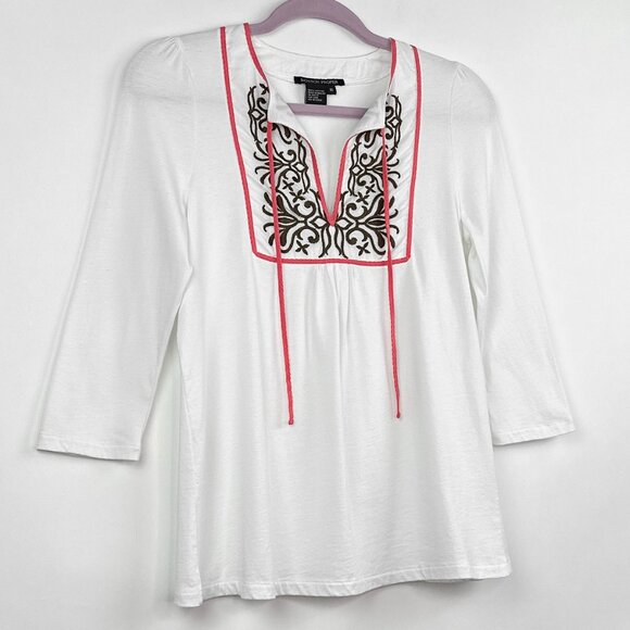 Boston Proper | White Top | Embroidered Tie Blouse | Size XS - Picture 3 of 12